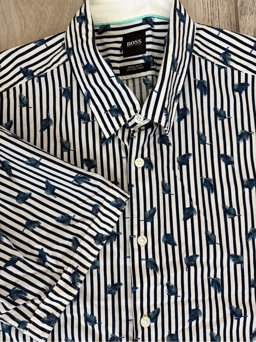 BOSS Regular Fit Cotton Linen Short Sleeve Button-Up Shirt Blue/White Stripe XL